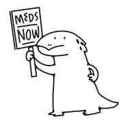 舉著「MEDS NOW」標語的蜥蜴插圖